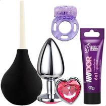 Kit Sex Shop Ducha Anal, Plug Aço com Jóia, Gel Anestésico e Anel Peniano Vibratório