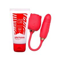 Kit Sex Shop Sensual Vibrador Vai e Vem Formato de Rosa e Gel Corporal Lubrificante com Efeito Térmi