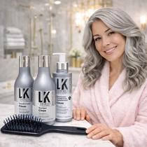 Kit Shampoo Cinza Lokenzzi Condicionador Matizador Antiamarelamento Cabelos Grisalhos, Brancos e Platinados, cabelo amarelado