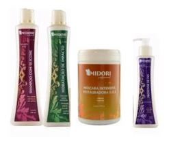 Kit shampoo com silicone sem sal condicionador impacto mascara sos protetor de fio midori profissional antiqueda