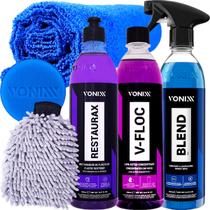 Kit Shampoo Lava Autos Neutro V-Floc Cera Liquida Blend Spray Revitalizador Renovador Restaurax Tolha Luva Microfibra Aplicador Vonixx