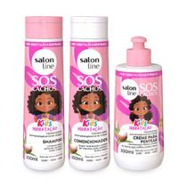 Kit Shampoo Limpeza Suave 300ml + Condicionador Hidratação Prolongada 300ml + Creme de Pentear Definição Antifrizz 300ml, SOS Cachos Kids Salon Line