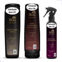 Kit Shampoo Neutro Condicionador e Fluido Desembaraçador Super Premium Pet Society