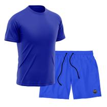 Kit Short + Camiseta Dry Treino Fitness Academia Bermuda Camisa Praia Esporte Azul
