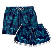 Kit Short Casal Praia Verão Palmeira Azul e Verde