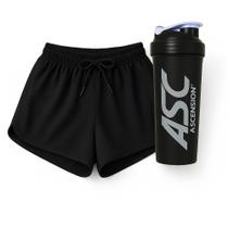 KIT Short Feminino Fitness Preto Academia Casual Tactel Praia + Coqueteleira