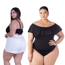 Kit Short Feminino Plus Size Saída De Praia + Body Babado Ciganinha Com fecho