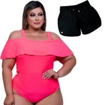 Kit Short Feminino Plus Size Saída De Praia + Body Babado Ciganinha