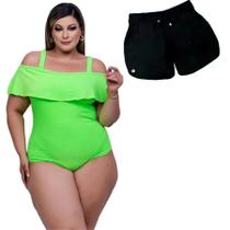 Kit Short Feminino Plus Size Saída De Praia + Body Babado Ciganinha