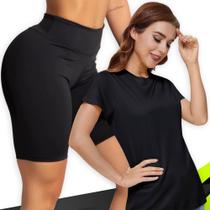 Kit Short Legging BÁSICO Cós Alto + Camiseta Corrida Academia Fitness Dry POLIAMIDA 1072