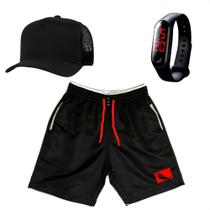 Kit Short Masculino Bermuda Praia Piscina Academia Tactel Premiun + Boné e Relógio Digital