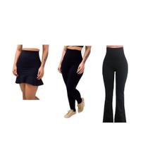 Kit Short saia + Legging + Calça Bailarina Cós Alto Modelador Suplex Poliamida - PRETO