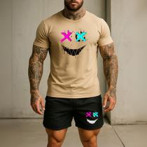 Kit Short TACTEL E Camiseta Masculina Estampa Sorriso Colorido Bermuda Camisa Algodão