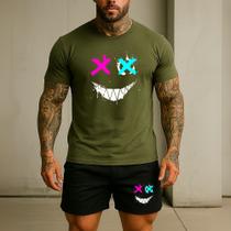 Kit Short TACTEL E Camiseta Masculina Estampa Sorriso Colorido Bermuda Camisa Algodão Kit Short TACTEL E Camiseta Masculina Estampa Sorriso Colorido Bermuda Camisa Algodão