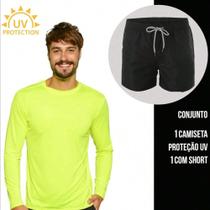 Kit Shorts Bermuda TACTEL + Camiseta Academia Corrida MANGA LONGA PROTEÇÃO UV SOLAR 733