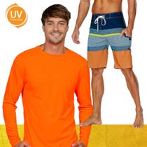 Kit Shorts Bermuda Verão Tactel SURF + Camiseta Academia MASCULINO PROTEÇÃO UV SOLAR ML 857