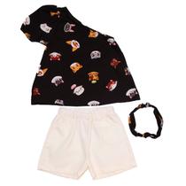 Kit Shorts e Blusa de 1 Ombro Estampada e Faixa de Cabelo