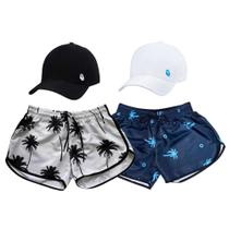 Kit Shorts Tactel Feminino Moda Praia + Bonés Aba Curva Top