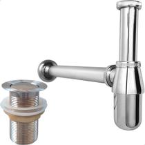Kit Sifão Copo Cromado Metal 1 1/4 E Valvula Click Inox 40mm Pia Lavatório Cuba Kit Banheiro Sifão Aparente Luxo