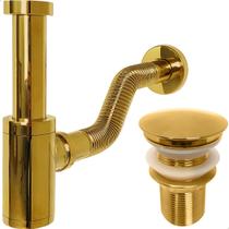 Kit Sifão Copo Dourado Metal 1 1/4 Pol Com Tubo Ajustável Adaptável E Válvula Click 40mm Ralo De Pia Banheiro Lavatório Ralo Inox Cuba Lavabo