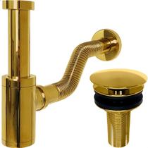 Kit Sifão Copo Dourado Metal ⅞ Pol Com Tubo Ajustável Adaptável E Válvula Click 30mm Ralo De Pia Banheiro Lavatório Ralo Inox Cuba Lavabo
