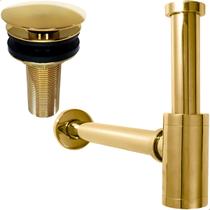 Kit Sifão Copo Dourado Metal 7/8 Pol E Válvula Click 30mm Ralo De Pia Kit Banheiro Gold Brilhoso Lavatório Ralo Inox Cuba Aparente Lavabo