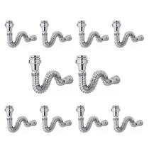 Kit Sifão Extensível Sanfonado Flexível com 10 unidades PVC Cromado Brilhante Até 70cm Cozinha Pia Banheiro Tanque Universal