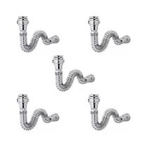 Kit Sifão Extensível Sanfonado Flexível com 5 unidades PVC Cromado Brilhante Até 70cm Cozinha Pia Banheiro Tanque Universal
