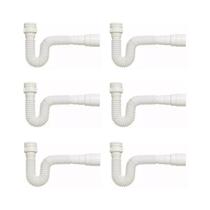 Kit Sifão Sanfonado Extensível com 6 unidades PVC Branco Até 70cm Cozinha Pia Banheiro Tanque Universal