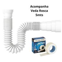 Kit Sifão Sanfonado Flexível PVC Extensível Universal Branco Serve para Pia - Lavatório - Tanque - Veda Rosca 12mm X 5mts - Envio Imediato