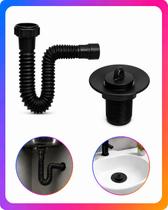 Kit Sifão Sanfonado Universal Compacto Astra + Válvula 7/8" Preta para Lavatório Preto