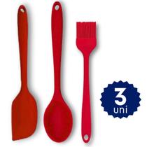 Kit Silicone 3 Utensílio Básico Colher Espátula Pão Dura Pincel Cozinha Para Untar