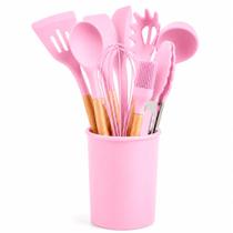 Kit Silicone para Cozinha 12 Peças com Cabo Madeira e Suporte para Bancada Kit Silicone para Cozinha 12 Peças com Cabo Madeira e Suporte para Bancada