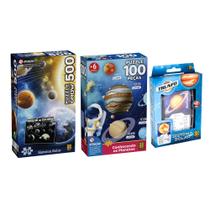 Kit Sistema Solar Grow com 3 Jogos Educativos QuebraCabeça 100 e 500 Peças Super Trunfo Planetas Brilha no Escuro e Ensina Brincando