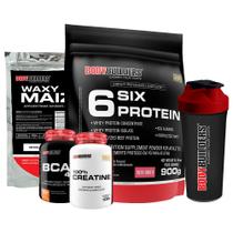 KIT Six 6 Protein 900g + BCAA 100g + Creatine 100g + Waxy Maize 800g + Coqueteleira - Bodybuilders