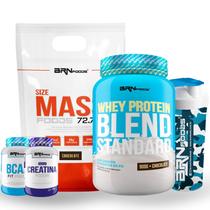 Kit Size Mass 3kg, Blend Standard 900g, Creatina 100g, BCAA 100g e Coqueteleira BRN Foods Kit Size Mass 3kg, Blend Standard 900g, Creatina 100g, BCAA 100g e Coqueteleira BRN Foods