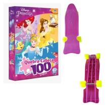 Kit Skate Infantil e Quebra Cabeça Princesas 100 Peças