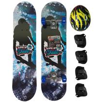 Kit Skate Infantil Juvenil Semi Profissional Até 50kg E Kit Proteção Capacete Skatista Azul