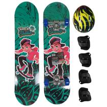 Kit Skate Infantil Juvenil Semi Profissional Até 50kg E Kit Proteção Capacete Skatista Verde