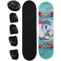 Kit Skate Infantil Juvenil Semi Profissional Até 50kg E Kit Proteção Capacete Skull Azul