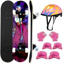 Kit Skate Infantil Menina Esqueite Feminino + Kit Proteção Completo com Capacete