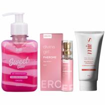 Kit Skin Care Feminina Sweet Glow Beijavel Chiclete e Clareador Virilha Axilas e Perfume de Bolso Sedução