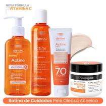 Kit Skincare Antiacne: Sabonete 140g + Tônico + Protetor Solar FPS 70 Cor Clara Actine + Hidratante Face Care Antissinais