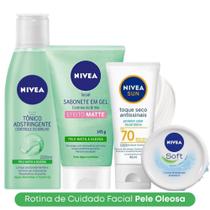 Kit Skincare Nivea Sabonete Gel Controle do Brilho + Tônico Adstringente + Protetor Solar FPS 70 + Hidratante Soft 49g - Nívea