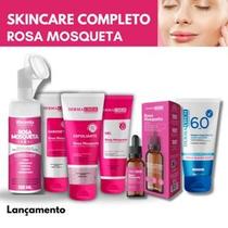 Kit Skincare Rosa Mosqueta Hidratante, Sérum Rosa Mosqueta Clareador, Protetor Solar FPS 60 Sem Cor Dermachem, Mousse Micelar Rosa Mosqueta Rhenuks
