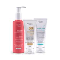 Kit Skincare Rotina Essencial com Sabonete Gluco Anti idade, Hydraface e Protetor Solar FPS50 com Hyaluronic Extratos da Terra