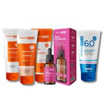 Kit Skincare Vitamina C Anti Idade Clareador, Sérum Rosa Mosqueta Ultra Hidratante ,Protetor Solar Facial Sem Cor FPS60 DERMACHEM, 5 ITENS