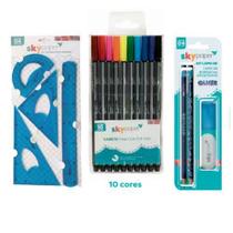Kit Sky Paper com 10 Canetas Fine Line+ 2 Lápis+Borracha+Apontador+Kit Regua