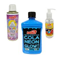 Kit Slime Cola Neon Azul Ativador Espuma Slime Uva