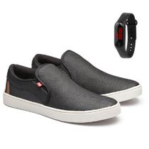 Kit Slip On Masculino Casual Tênis Iate Social Em Couro Macio + Relógio Digital